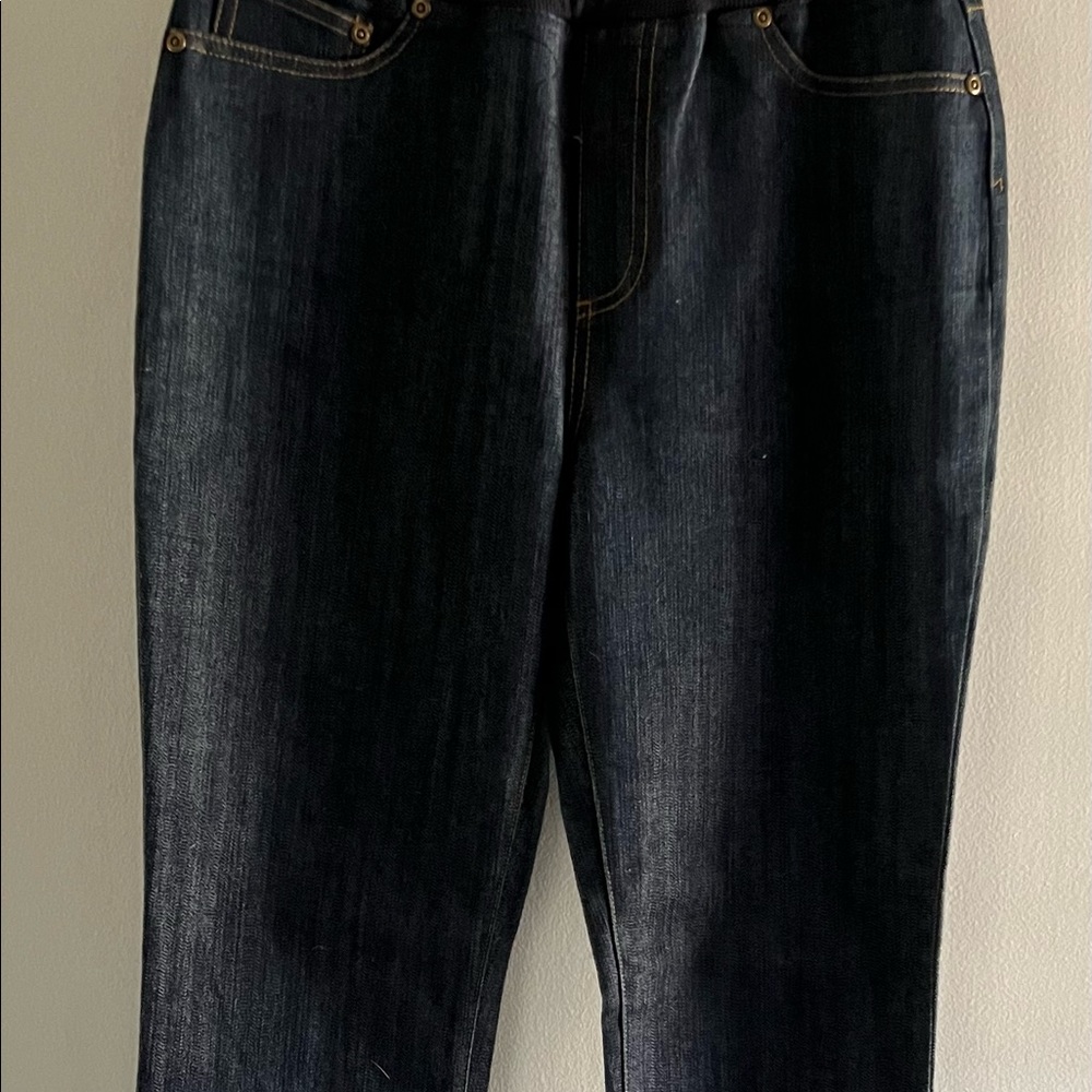 Slightly flair leg, elastic waist, pull on jeans
